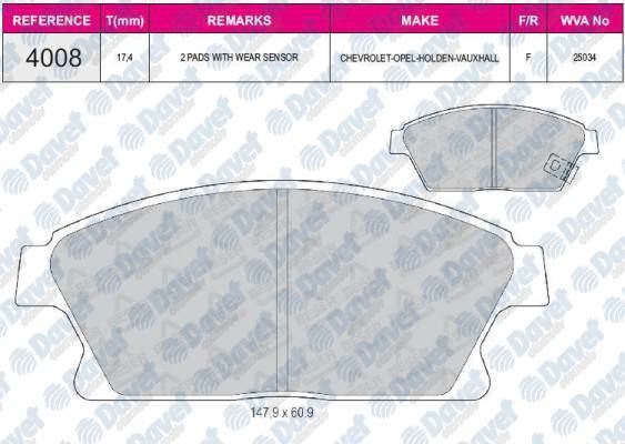 BESER 4008 Fren Balatasi On (148x604x19) Chevrolet Aveo 2011-> Cruze 2009-> Opel Astra Gtc J 2012-> Astra J 2009->